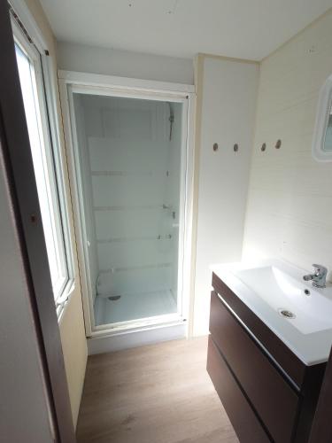 a bathroom with a sink and a glass shower at Bellavista - Fishingcamp in Mequinenza