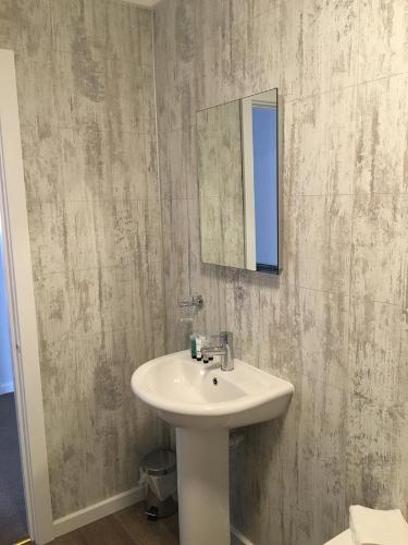 uma casa de banho com um lavatório e um espelho em Highgate Inn Hotel em Pembroke