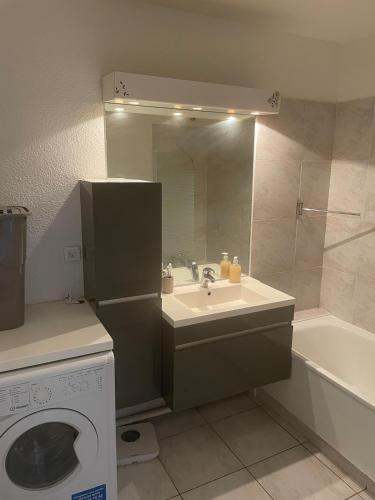 une salle de bain avec un lavabo et une machine à laver dans l'établissement Sun and Sand, à Antibes