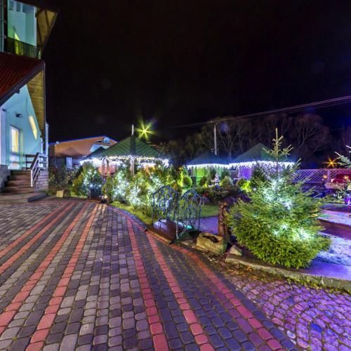 a garden at night with christmas trees and lights at Laguna in Slavske