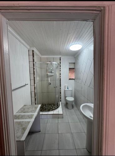 a bathroom with a shower and a toilet and a sink at Swallow13 in Centurion