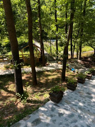 a park with trees and potted plants on a path at Planinska vila KTM Lisine in Despotovac
