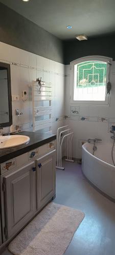 une salle de bain avec une baignoire et un lavabo et une baignoire dans l'établissement Chambres de Charme avec Piscine, à Léojac