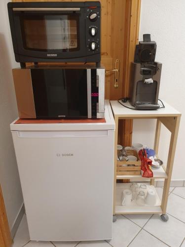 a microwave sitting on top of a white refrigerator at Privatzimmer mit Balkon im schönen Allgäu in Stetten