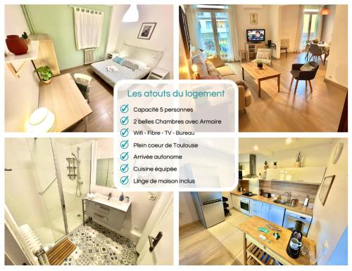 un collage de photos d'un salon et d'une cuisine dans l'établissement 