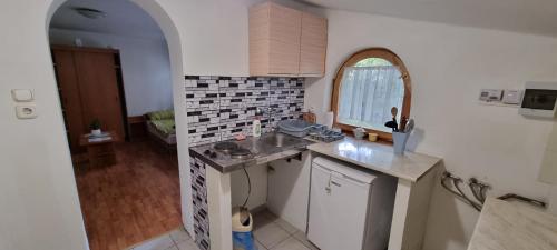 una cocina con fregadero y encimera en Gergely Apartman, en Pálosvörösmart