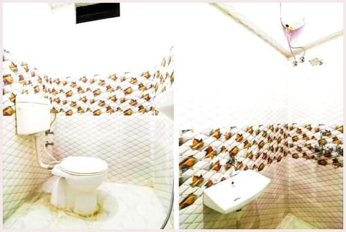two pictures of a bathroom with a toilet and a sink at VARANASI HOTEL H R GUEST HOUSE Near Kasi Visawanath Temple & Ganga Ghat - #Free Wi-Fi #Room service #Parking #Fully Air conditioning #Premium Room In Varanasi in Varanasi