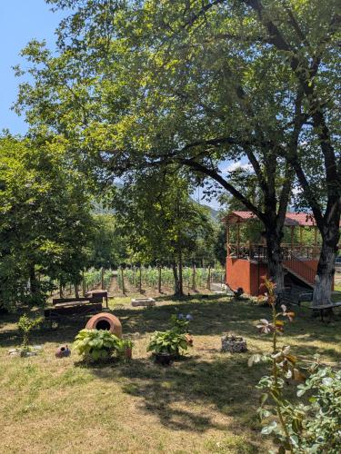 a park with a picnic table and a tree at Kipiani guest house ყიფიანის სახლი in Khvanchkara