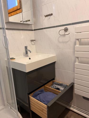 une salle de bain avec un lavabo et un miroir dans l'établissement Appartement Montchavin - accès direct piscine et remontées mécaniques, à La Plagne Tarentaise