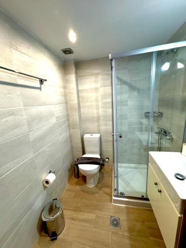 a bathroom with a toilet and a glass shower at AMMOS FAMILY APARTMENTS in Vasiliki