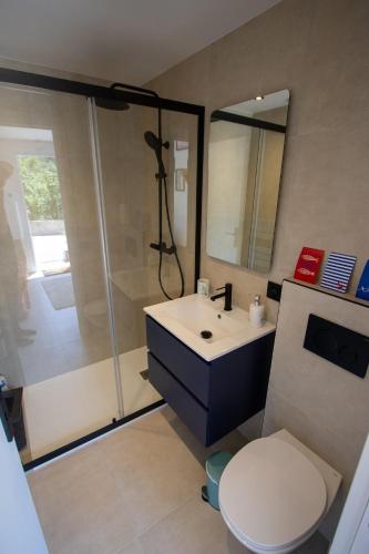 une salle de bain avec une douche, des toilettes et un lavabo dans l'établissement La Bulle, cocon douillet rénové, à Menton