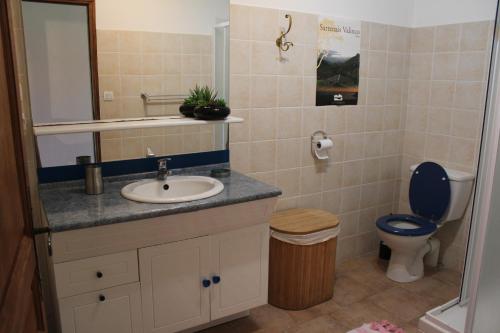 une salle de bain avec un lavabo, des toilettes et un miroir dans l'établissement Maquis et plage, à Sollacaro