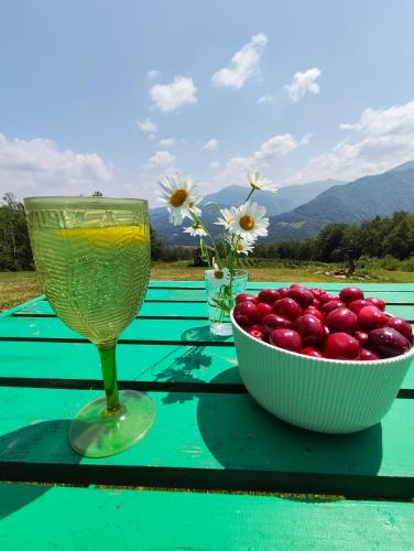 a bowl of cherries and a wine glass on a table at Kolibe Ćorić in Mojkovac