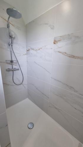 La salle de bains est pourvue d'une douche et de murs en marbre blanc. dans l'établissement Gîte Le Grand Bleu, à Ploubazlanec