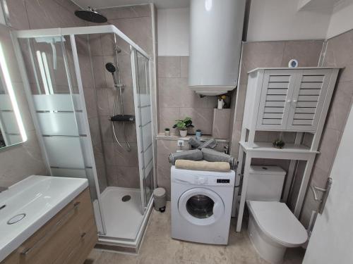 La petite salle de bains est pourvue d'un lave-linge et d'une douche. dans l'établissement City center apartment with sea view, à LʼÎle-Rousse