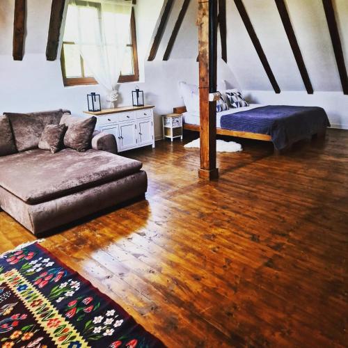 a living room with a couch and a bed at Cerdacul din livada - Șura Bunicilor in Vaideeni