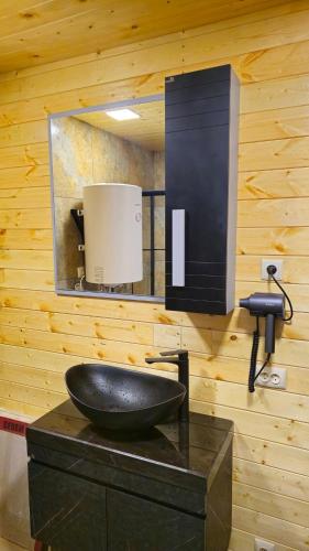 a bathroom with a black sink on a counter at Cozy Cottage Wild Freedom in Didi Ateni