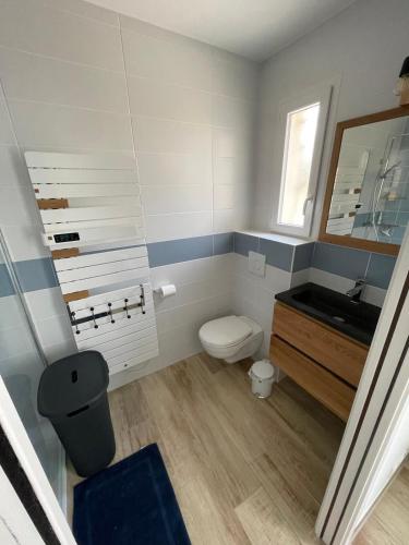 une salle de bain avec toilettes et lavabo dans l'établissement Maison neuve vue sur l'ancien moulin du Médoc, à Lesparre-Médoc