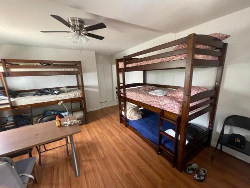 a room with bunk beds and a table and a ceiling fan at Females room bunk beds in Los Angeles