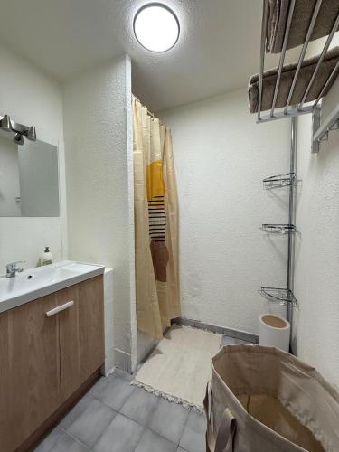 une salle de bain avec une douche, un lavabo et des toilettes dans l'établissement Magnifique appartement proche des quais, à Sète