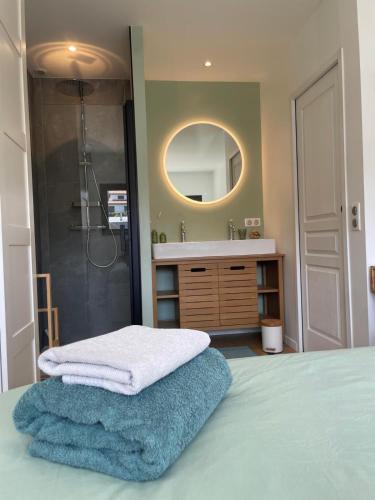 - une salle de bains avec douche et un lit avec serviettes dans l'établissement Maison 2 ch proche plages Anglet, à Anglet