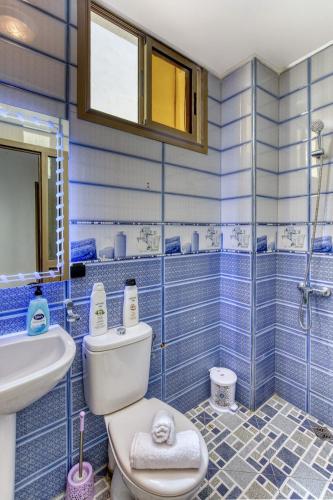 a blue tiled bathroom with a toilet and a sink at White Majorelle Duna Blanca in Tamraght Ouzdar