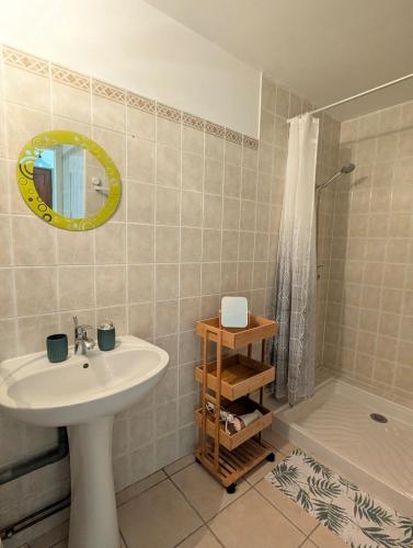 une salle de bain avec un lavabo et une douche dans l'établissement Évasion vigneronne, jolie maison de village en pierre, à Vallon-Pont-dʼArc