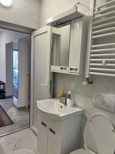 a bathroom with a white sink and a toilet at Home Nikolić in Novi Pazar