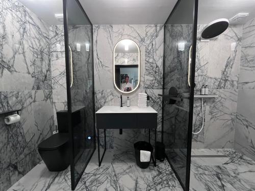 ein Badezimmer mit Waschbecken und Spiegel in der Unterkunft Le jardin secret du jardin gourmand in Auxerre