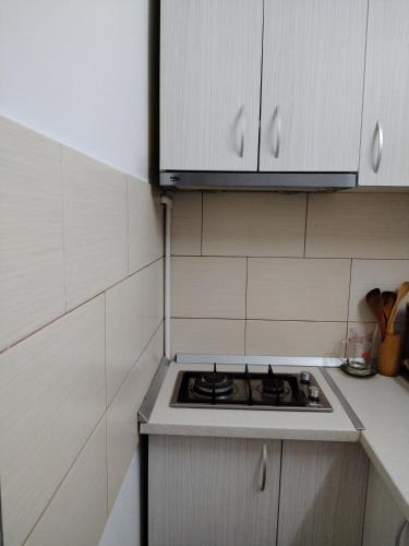 a kitchen with a stove and white cabinets at Casa A&V in Vama Veche