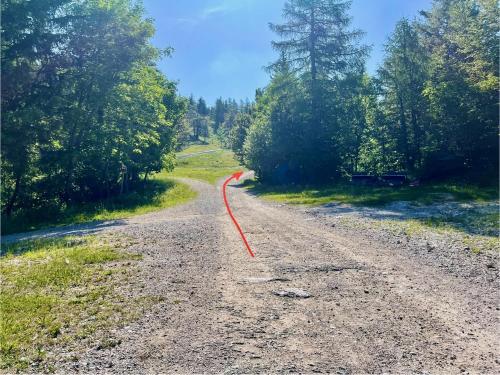 a dirt road with a red hose on it at Chalet Kanja Velika Planina in Stahovica