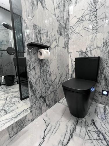 ein Bad mit schwarzem WC und Marmorwänden in der Unterkunft Le jardin secret du jardin gourmand in Auxerre