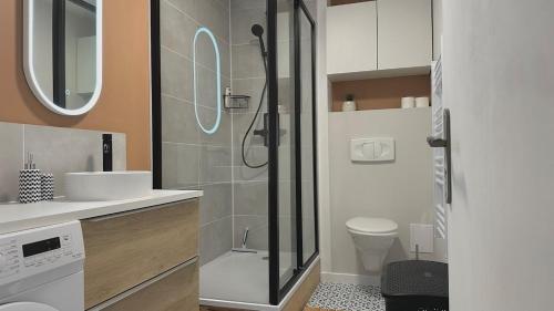 a bathroom with a shower with a sink and a toilet at Le Haut perché - Vue & Centre-ville de Nevers in Nevers