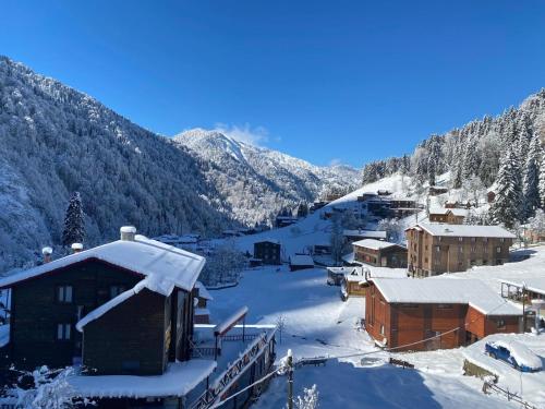 a village covered in snow with mountains in the background at Ayder Palazzo Hotel in Ayder Yaylasi