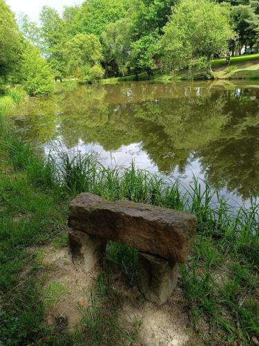 a stone bench sitting in front of a pond at cabane ô domaine södjé in Saint-Yrieix-sous-Aixe