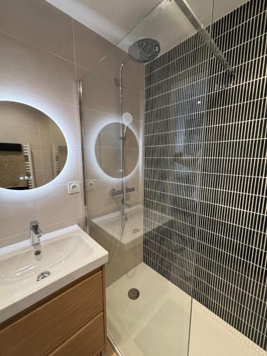 une salle de bain avec une douche, un lavabo et un miroir dans l'établissement Grand Studio Cozy, 650m de la plage et 200m du tennis club, à Six-Fours-les-Plages