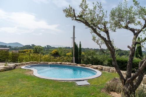 une piscine dans une cour avec un arbre dans l'établissement VILLA en Drome Provencale, à Piégon