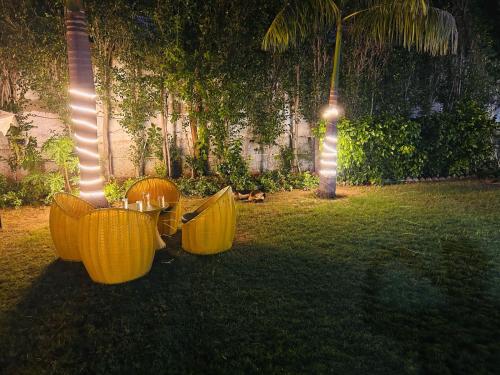 a table with yellow chairs in a yard at night at Mango People Farm in Gurgaon