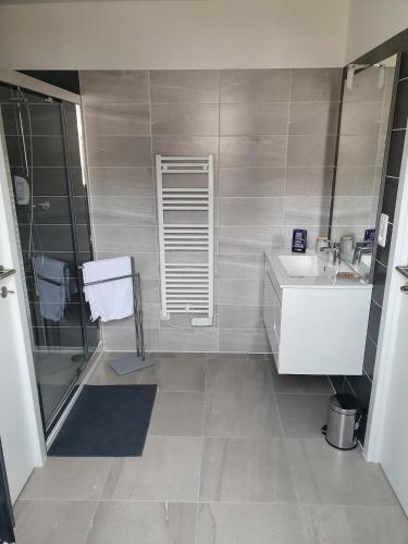 une salle de bain avec un lavabo et une douche dans l'établissement T2 Yucca LCP - Beautiful 48 m2 2-room, 17 m2 terrace, new, air conditioning, à Grosseto-Prugna