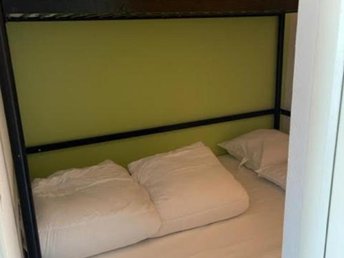 deux oreillers blancs posés sur un lit avec un mur vert dans l'établissement Appart rez de chaussée avec terrasse, proche plage, parking - FR-1-749-93, au Cap d'Agde
