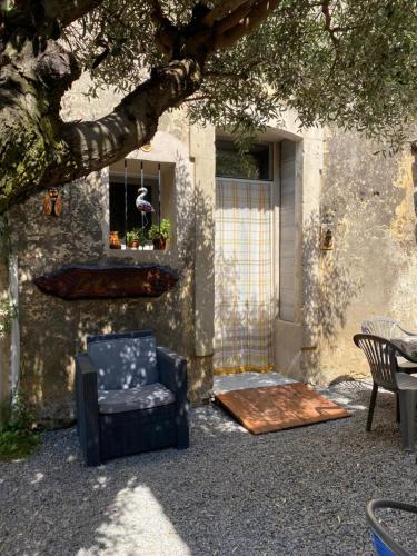 a chair sitting under a tree next to a window at Les Gîtes sous l' Olivier en Camargue in Vauvert