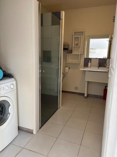 une salle de bain avec une machine à laver et un lave-linge dans l'établissement T2 climatisé avec piscine, à Prunelli-di-Fiumorbo