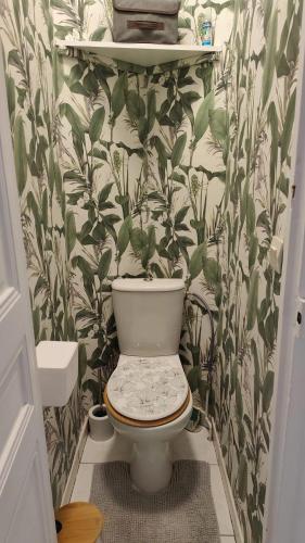a bathroom with a toilet with plants on the wall at Chambre privée a Arcueil - Cachan in Cachan