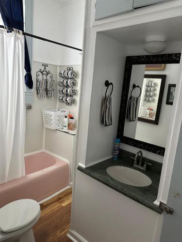 a bathroom with a sink and a toilet and a tub at Belmont Inn in Shelbyville