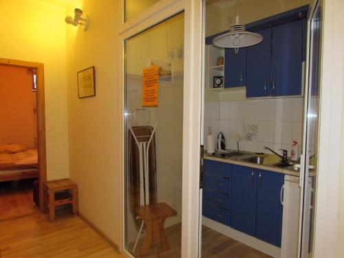 a kitchen with blue cabinets and a glass shower door at Litinterp in Vilnius