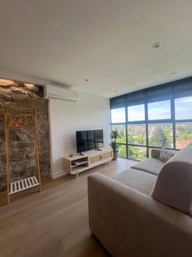 Una sala de estar con un sofá y un televisor de pantalla plana. en Apartamentos-loft A Muralla, en Tui