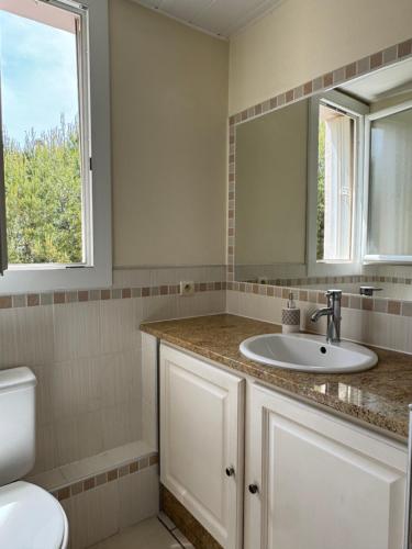 une salle de bain avec un lavabo et un miroir et des toilettes dans l'établissement Parc de la Trinité La Ciotat, à La Ciotat
