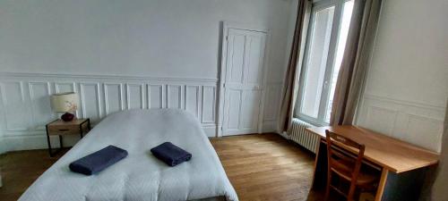 une chambre avec un lit avec deux oreillers bleus dessus dans l'établissement 3 chambres - 4 couchages, à Châlons-en-Champagne