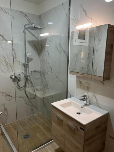 a bathroom with a shower and a sink and a mirror at Victoria's & Anna's Apartments in Sami