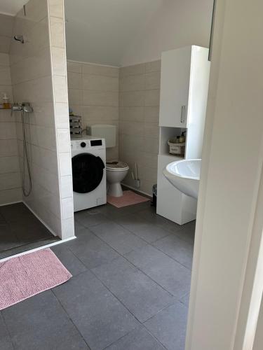 a bathroom with a shower and a toilet and a sink at Apartma Rekar - a house, where you can relax in the embrace of nature in Jesenice